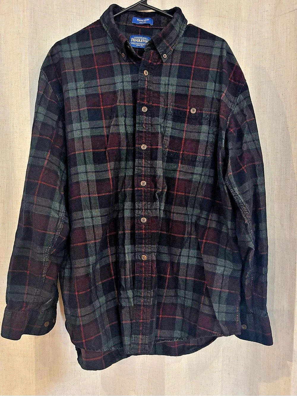 Pendleton Wayne Shirt Plaid Corduroy Button Down Burgundy Green Men’s